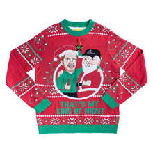 Load image into Gallery viewer, ugly christmas sweatshirt-luke with santa holding a beer with metal gold star hanging from collar