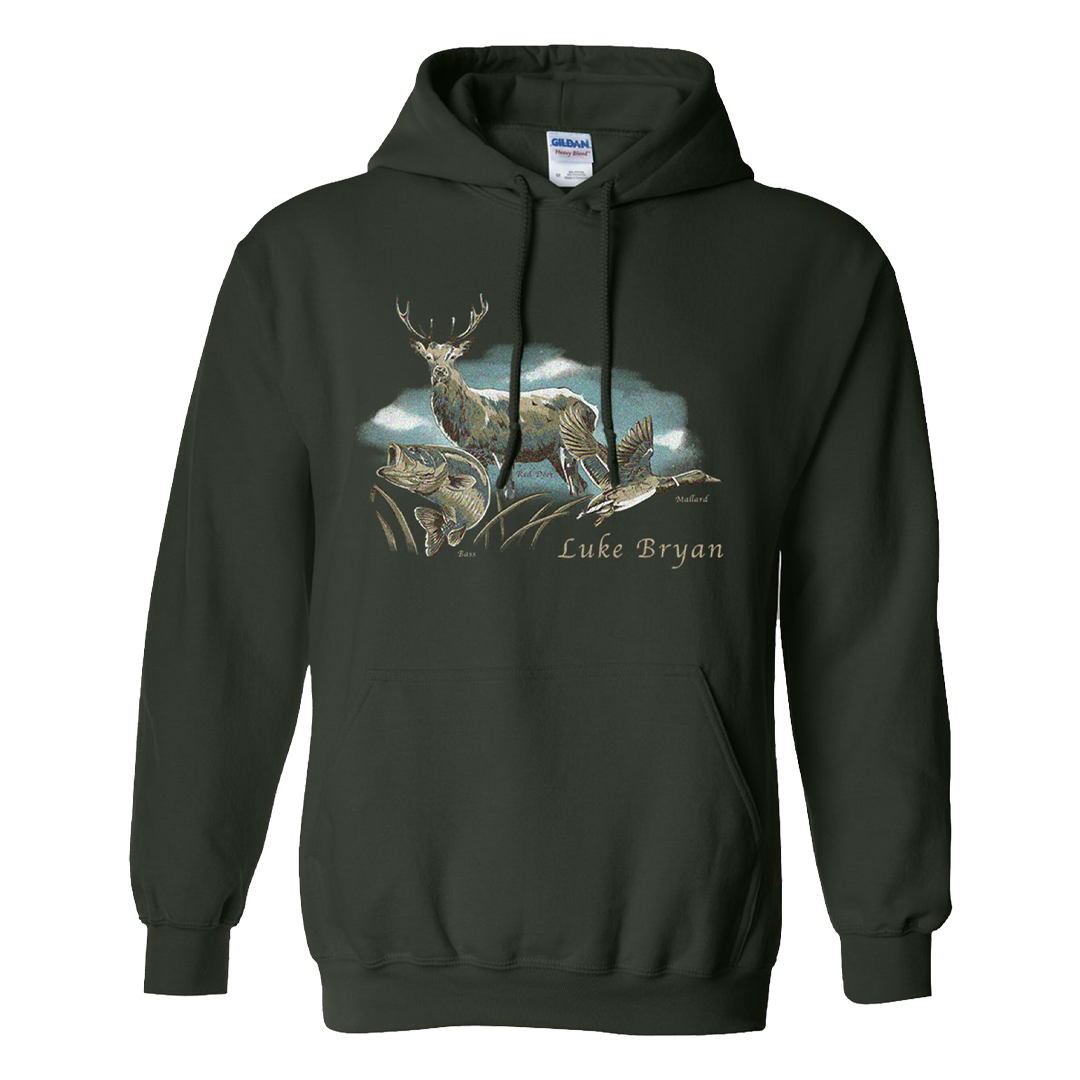 hoodie-forest green-deer duck and fish with sky behind