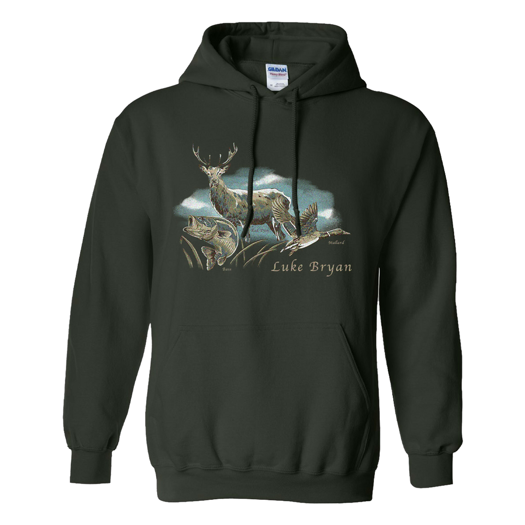 hoodie-forest green-deer duck and fish with sky behind