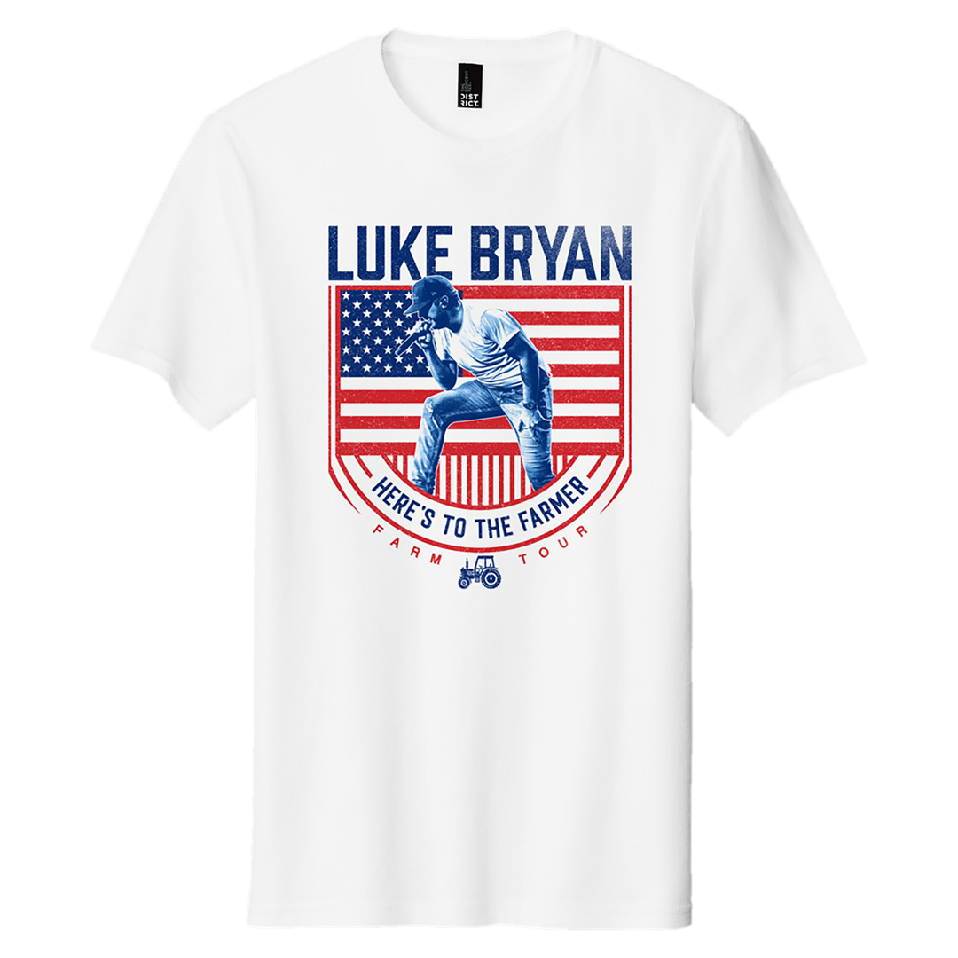 tee-white-luke singing into microphone with usa flag farm tour heres to the farmer