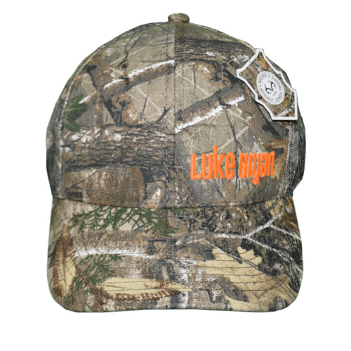Camo hat with Luke Bryan embroidered on front with orange letters. Mesh back. 