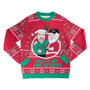 Luke Bryan Ugly Sweater. Photo of him and Santa on front, with text underneath the photo that says "That's my Kind of Night" The top by the collar has a gold shaped star that is a bottle opener. 