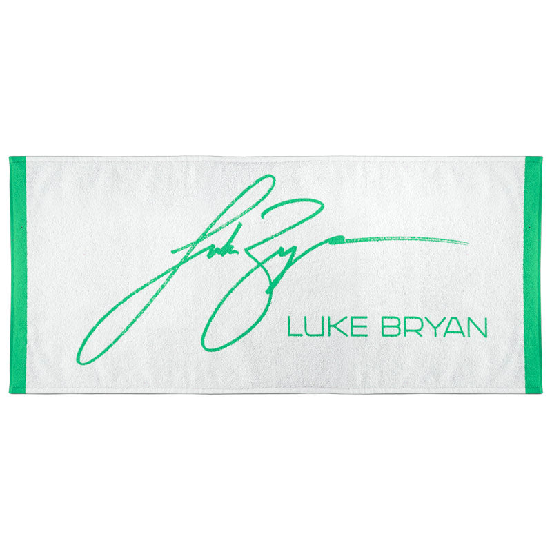 Luke Bryan Signature Beach Towel. White towel with green accents and signature.  - Green